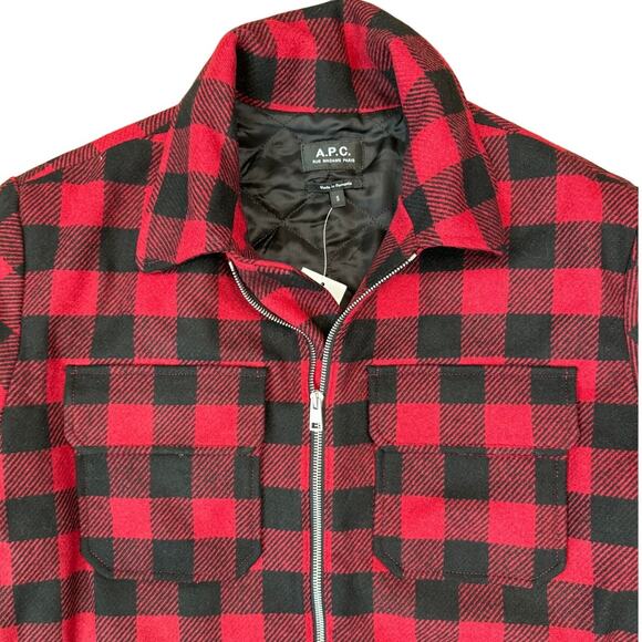 NWT A.P.C. Ian Buffalo Plaid Red/Black Wool Blouson Zippered Jacket Shacket - Picture 2 of 8
